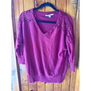 Lauren Conrad V Neck Lace Shoulder Sweater Berry Red 3/4 Sleeve Women's XS